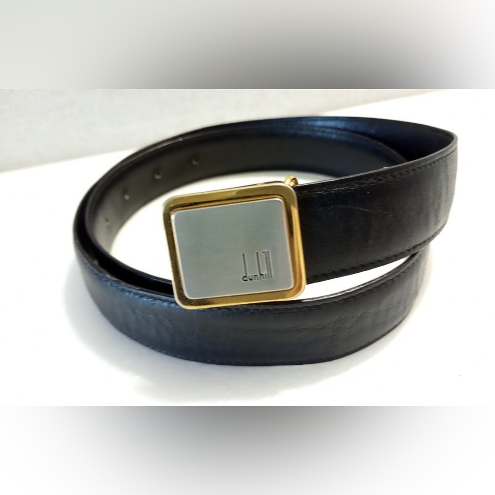 Vintage Dunhill Black Leather Belt with Square Gold/Silver Buckle, Authentic
